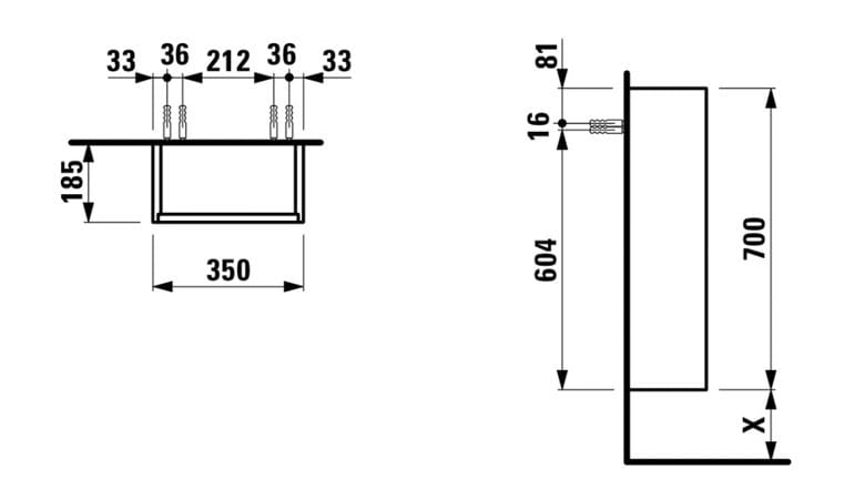 LAUFEN BASE nízka skrinka 35x18,5x70 cm, 1 dvierka pánty vpravo, lesklá biela H4026121102611 Technický nákres