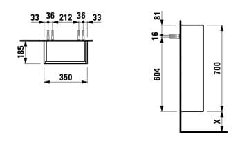 LAUFEN BASE nízka skrinka 35x18,5x70 cm, 1 dvierka pánty vpravo, lesklá biela H4026121102611 Technický nákres