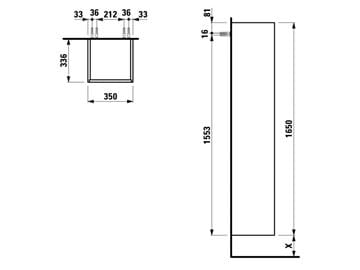 LAUFEN BASE vysoká skrinka 35x33,5x165 cm, 2 dvierka, 1 polica, pánty vľavo, Push-open, lesklá biela H4027011102611 Technický nákres