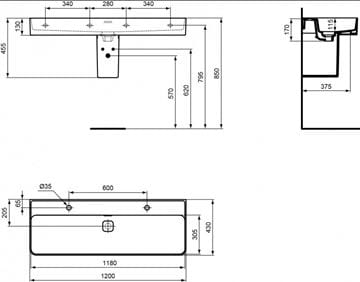 IDEAL STANDARD STRADA II umývadlo 120 cm, s 2 otvormi pre batérie a prepadom T359501 Technický nákres