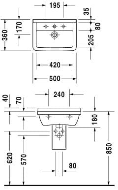 DURAVIT STARCK 3 umývadlo 50 cm, s otvorom pre batériu a prepadom 0300500000 Technický nákres