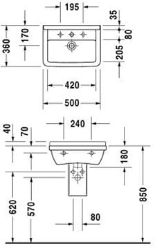 DURAVIT STARCK 3 umývadlo 50 cm, s otvorom pre batériu a prepadom 0300500000 Technický nákres