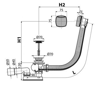 CONCEPT vaňový sifón 80 cm, bovden, chróm PT10051CRM2/80CM Technický nákres