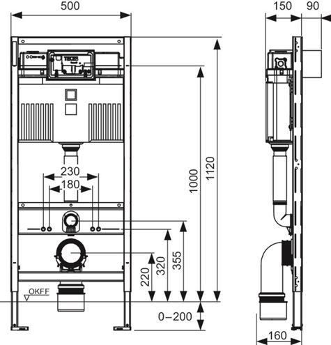 TECE PROFIL montážny prvok pre WC 112 cm, so splachovacou nádržkou Uni 9300302 Technický nákres
