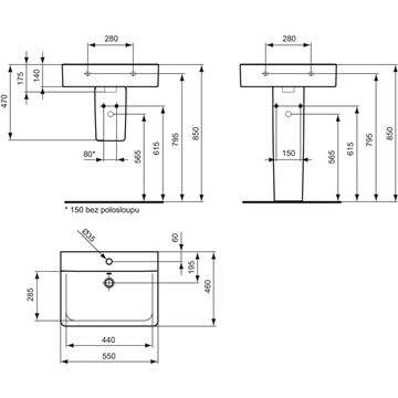 CONCEPT CUBE umývadlo 55 cm s otvorom pre batériu a prepadom, alpská biela E784201 Technický nákres