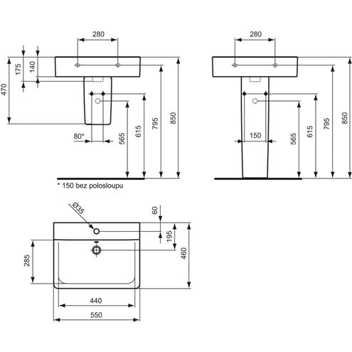CONCEPT CUBE umývadlo 55 cm s otvorom pre batériu a prepadom, alpská biela E784201 Technický nákres