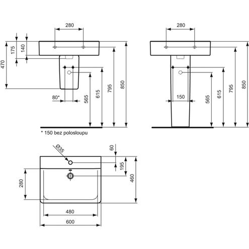 CONCEPT CUBE umývadlo 60 cm, s otvorom pre batériu a prepadom, alpská biela E794301 Technický nákres