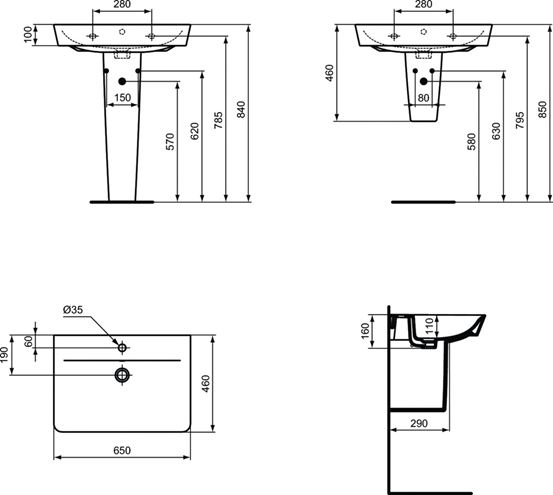 CONCEPT CUBE 2.0 umývadlo 65 cm, s otvorom pre batériu a prepadom E074101 Technický nákres
