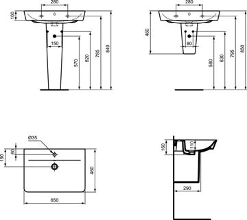 CONCEPT CUBE 2.0 umývadlo 65 cm, s otvorom pre batériu a prepadom E074101 Technický nákres