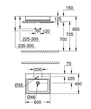 GROHE CUBE CERAMIC umývadlo na dosku 60 cm, s otvorom pre batériu a prepadom, PureGuard 3947700H Technický nákres