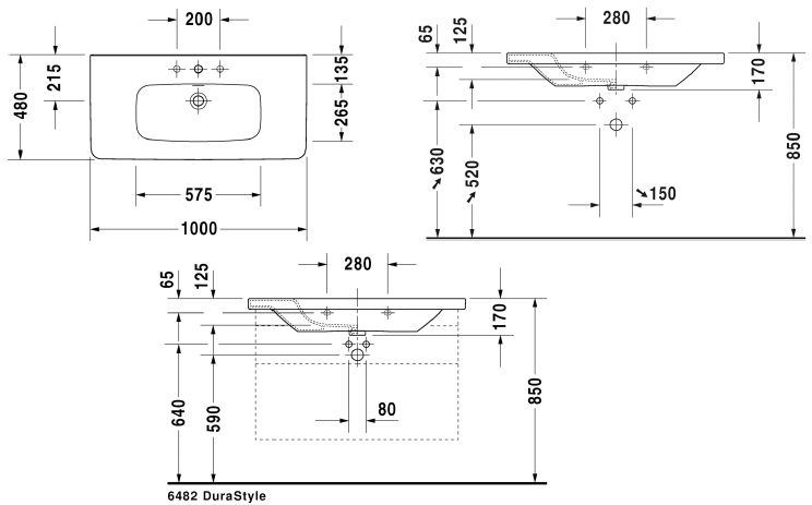 DURAVIT DURASTYLE umývadlo 100 cm, s otvorom pre batériu a prepadom 2320100000 Technický nákres