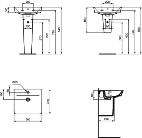 CONCEPT CUBE 2.0 umývadlo 50 cm, s otvorom pre batériu a prepadom E076801 (E030101) Technický nákres