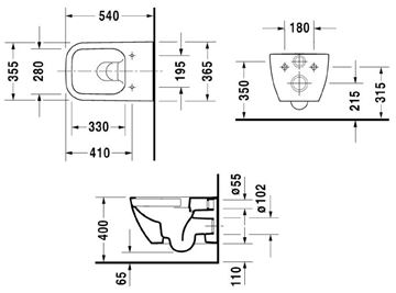 DURAVIT HAPPY D.2 závesné WC, Rimless splachovanie 2222090000 Technický nákres