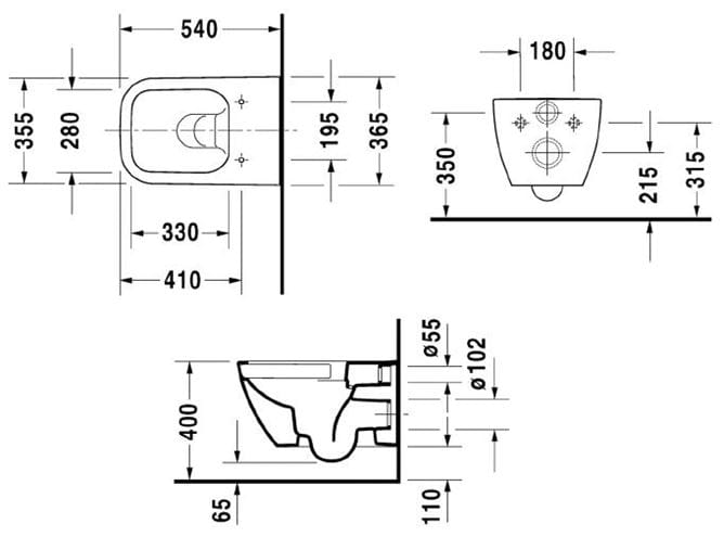 DURAVIT HAPPY D.2 závesné WC, Rimless splachovanie 2222090000 Technický nákres