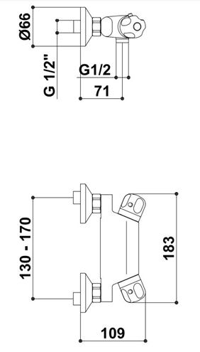 RAF sprchová batéria 150mm, termostatická, nástenná, chróm T6080B Technický nákres
