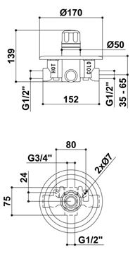 RAF podomietkový termostat, chróm T7084 Technický nákres