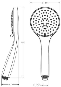 CONCEPT 100 sprchová súprava 3-dielna, ručná sprcha pr. 101 mm, 3 prúdy, tyč, hadica, chróm PM10082/CO Technický nákres