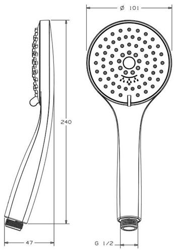 CONCEPT 100 sprchová súprava 3-dielna, ručná sprcha pr. 101 mm, 3 prúdy, tyč, hadica, chróm PM10082/CO Technický nákres