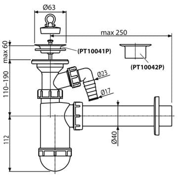 CONCEPT sifón k umývadlu DN40, s prípojkou a výpustom PT10042P Technický nákres