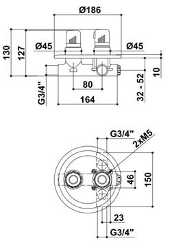 RAF podomietková termostatická batéria, chróm T5083 Technický nákres