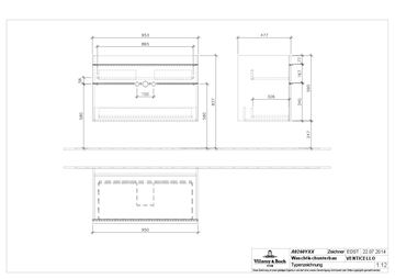 VILLEROY & BOCH VENTICELLO skrinka pod umývadlo 95,3x50,2x59 cm, 2 zásuvky, Glossy White A92601DH Technický nákres