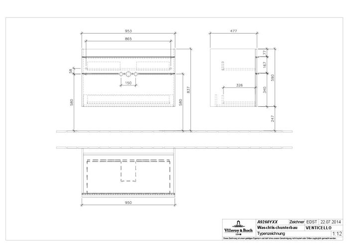 VILLEROY & BOCH VENTICELLO skrinka pod umývadlo 95,3x50,2x59 cm, 2 zásuvky, Glossy White A92601DH Technický nákres