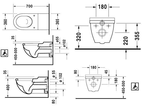 DURAVIT STARCK 3 bezbariérové závesné WC 2203090000 Technický nákres