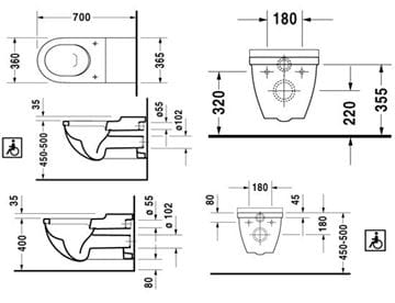 DURAVIT STARCK 3 bezbariérové závesné WC 2203090000 Technický nákres