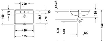 DURAVIT STARCK 3 umývadlo 49 cm, s otvorom pre batériu a prepadom 0302490000 Technický nákres
