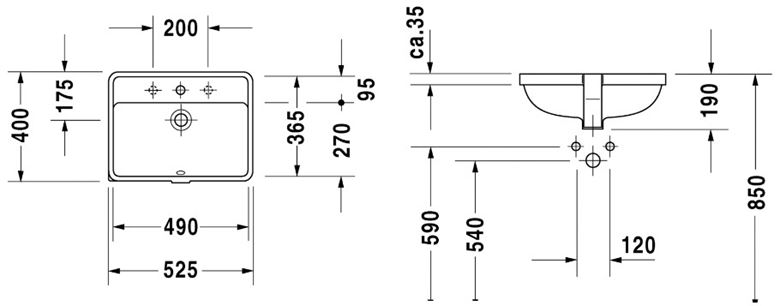 DURAVIT STARCK 3 umývadlo 49 cm, s otvorom pre batériu a prepadom 0302490000 Technický nákres