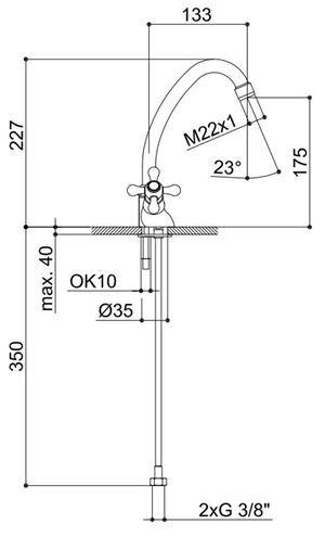 RAF RIO II umývadlová stojanková batéria, chróm RK1106 Technický nákres