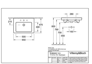 VILLEROY & BOCH SUBWAY 2.0 umývadlo 65 cm, s otvorom pre batériu a prepadom, alpská biela 7113FA01 Technický nákres