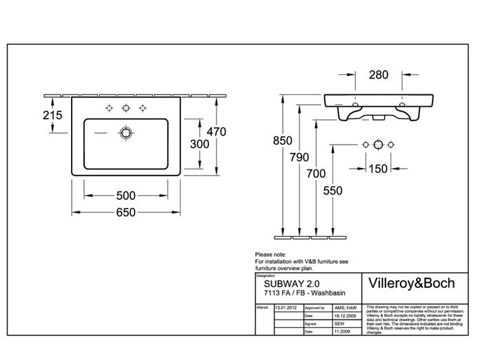 VILLEROY & BOCH SUBWAY 2.0 umývadlo 65 cm, s otvorom pre batériu a prepadom, alpská biela 7113FA01 Technický nákres