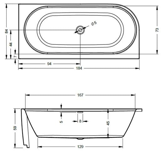 RIHO DESIRE CORNER rohová vaňa 184x84 cm, pre 2 osoby, s nožičkami, napúšťanie prepadom, akrylát B088007005 Technický nákres