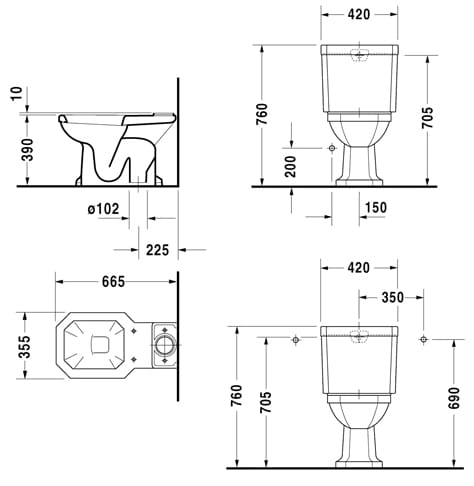 DURAVIT 1930 WC kombi misa, spodný odpad, WonderGliss 02270100001 Technický nákres