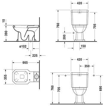 DURAVIT 1930 WC kombi misa, spodný odpad, WonderGliss 02270100001 Technický nákres