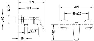 DURAVIT B.1 sprchová nástenná batéria, chróm B14230000010 Technický nákres