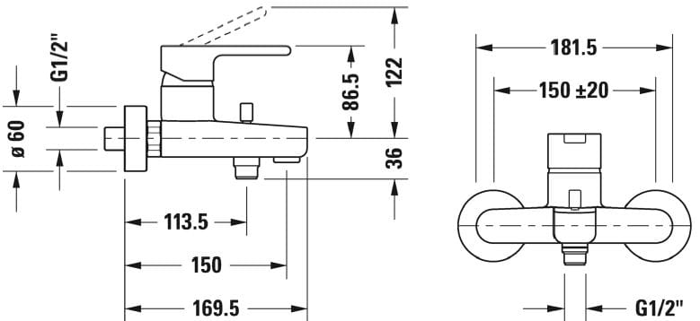 DURAVIT B.2 vaňová nástenná batéria, s prepínačom, chróm B25230000010 Technický nákres