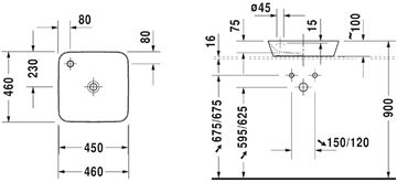 DURAVIT CAPE COD umývadlo na dosku 46 cm, s otvorom pre batériu, bez prepadu 2340460000 Technický nákres