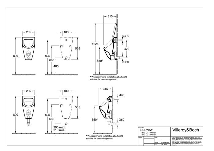 VILLEROY & BOCH SUBWAY pisoár, zadný prívod vody, alpská biela 75130101 Technický nákres