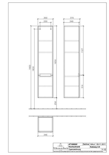VILLEROY & BOCH SUBWAY 2.0 vysoká skrinka 35x37x165 cm, 2 dvierka, pánty vpravo, Glossy White A71000DH Technický nákres