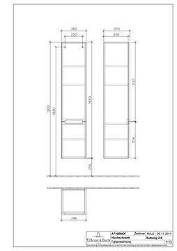 VILLEROY & BOCH SUBWAY 2.0 vysoká skrinka 35x37x165 cm, 2 dvierka, pánty vpravo, Glossy White A71000DH Technický nákres