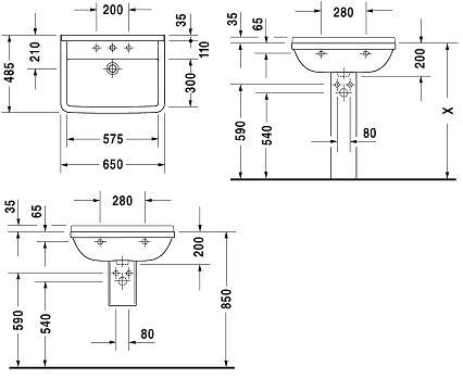 DURAVIT STARCK 3 umývadlo 65 cm, s otvorom pre batériu a prepadom, WonderGliss 03006500001 Technický nákres