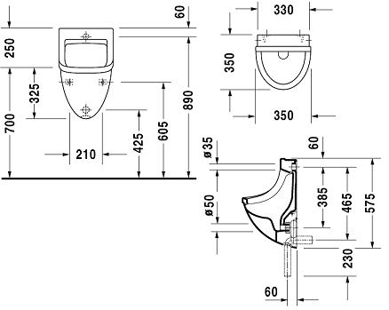 DURAVIT STARCK 3 pisoár, zadný prívod vody 0821350000 Technický nákres