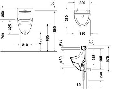 DURAVIT STARCK 3 pisoár, zadný prívod vody 0821350000 Technický nákres