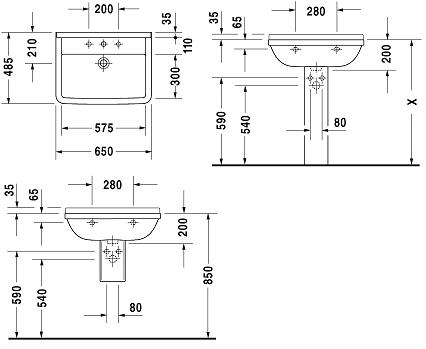 DURAVIT STARCK 3 umývadlo 65 cm, s otvorom pre batériu a prepadom 0300650000 Technický nákres