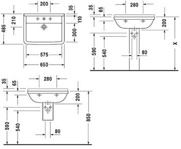 DURAVIT STARCK 3 umývadlo 65 cm, s otvorom pre batériu a prepadom 0300650000 Technický nákres