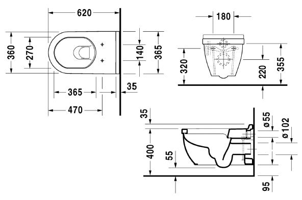 DURAVIT STARCK 3 závesné WC, WonderGliss 22260900001 Technický nákres