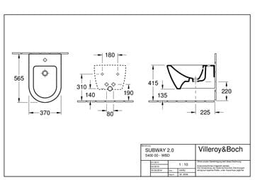 VILLEROY & BOCH SUBWAY 2.0 závesný bidet, CeramicPlus, alpská biela 540000R1 Technický nákres