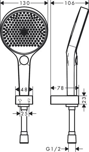 HANSGROHE RAINFINITY 130 3JET sprchová súprava 3-dielna, ručná sprcha pr. 130 mm, 3 prúdy, hadica, držiak, chróm 26852000 Technický nákres